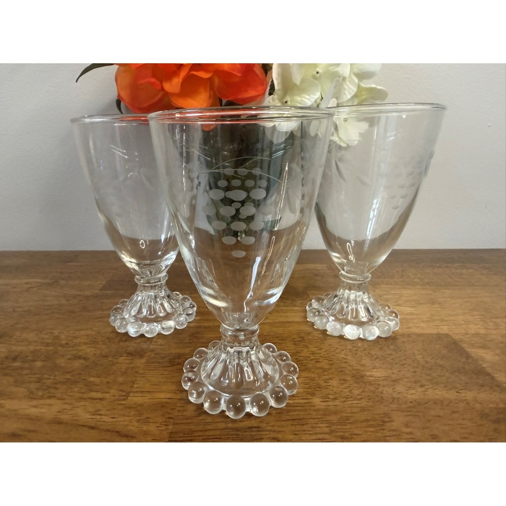 Vintage Clear Pressed Glass Boopie Goblets Beaded Foot Set Wine Dessert Glasses